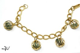 Vintage Dangling Cage Charm Bracelet - Green Stones Inside - Gold Metal ... - £17.58 GBP