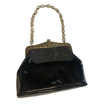 Vintage Garay Black Patent Leather Handbag Purse with Gold chain and acc... - $29.28