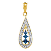 10k Yellow Gold Womens Round Blue Color Enhanced Diamond Teardrop Pendant 1/5 - £135.89 GBP