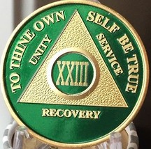 23 Year AA Medallion Green Gold Plated Alcoholics Anonymous Sobriety Chi... - $20.39