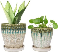 6 Inch + 5 Inch Ceramic Planter With Drainage Hole And Saucer For, Set Of 2 - £29.89 GBP