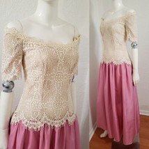 Vtg Ecru Pink Off Shoulder Cottagecore Dress House of Bianchi Barbiecore... - $47.48