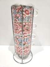 Shabby Chic Pink Blue Floral Roses Stackable Mugs Set of 4 - £31.63 GBP