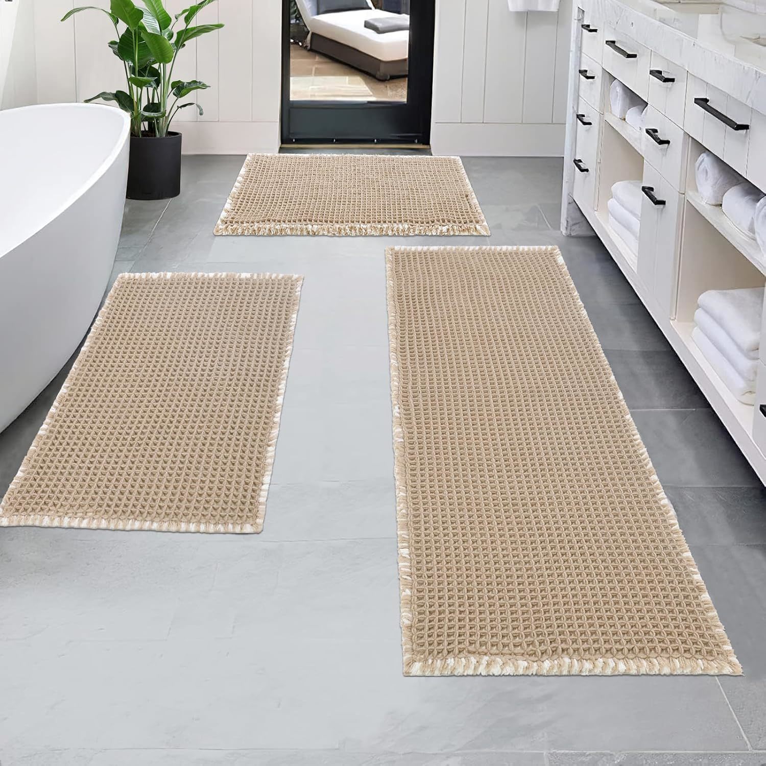Pauwer Bathroom Rugs Sets 3 Piece, Waffle Bath Mat Set For Bathroom, Khaki - $51.92