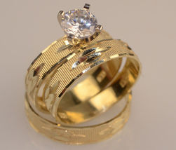 14k Yellow Gold Finish 2Ctw D/VVS1 Diamond His &amp; Her Wedding Trio Ring Set - £89.67 GBP