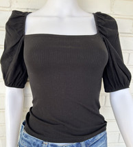 REFORMATION Rosa Top Black Ribbed Knit Square Neckline Puff Sleeves Size... - $47.36