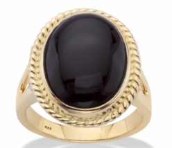 Black Onyx Oval Cabochon Banded Halo Gp Ring 14K Gold Sterling Silver 6 7 8 9 10 - £159.83 GBP
