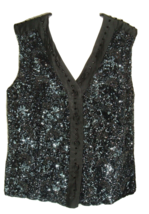 Vtg Beaded Black Vest Sequins Glass Buttons Hand Made Artsy Retro Glam R... - £46.70 GBP