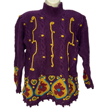 Vintage Rebecca Stone Chunky Knit Sweater Size L Purple Floral Embroider... - £27.20 GBP