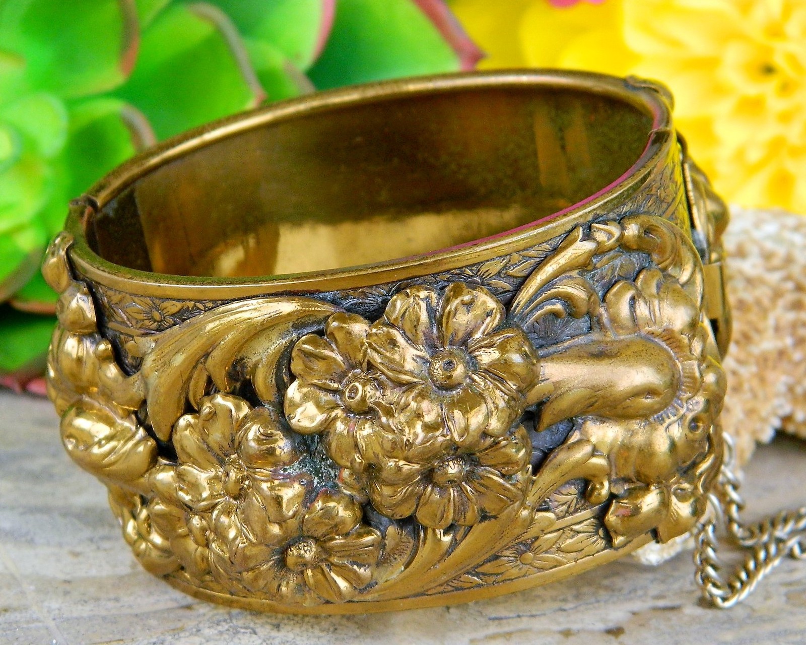 Primary image for Vintage Hinged Cuff Bangle Bracelet Ornate Gold Brass Flowers Floral