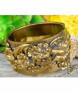 Vintage Hinged Cuff Bangle Bracelet Ornate Gold Brass Flowers Floral - £39.27 GBP