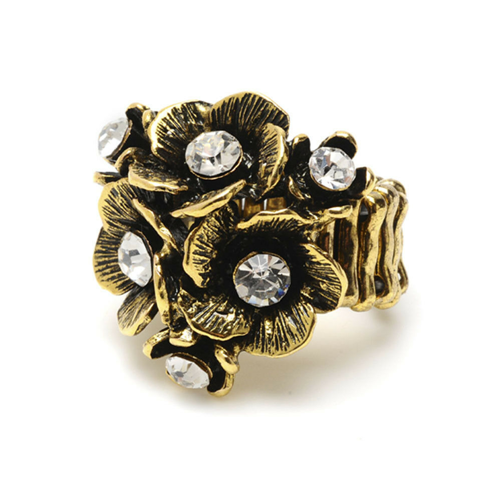 Amrita Singh Antique Gold Crystal Eliza Floral Stretch Cocktail Ring RC 478 NWT - £16.76 GBP