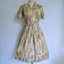 Vtg 50s Shirtwaist Dress S M 37&quot; Bust Tan Space Age Print Pleated Full S... - £62.92 GBP