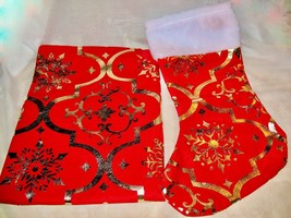 Lucky Monet Red Christmas Tree Skirt &amp; Stocking Gold Snowflakes 48&quot; Nip! - £9.70 GBP