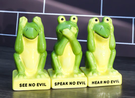 Trio Green Frogs See Hear Speak No Evil Salt Pepper Shakers Toothpick Ho... - $24.99