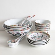 Chinese Porcelain Bowl Set for Four, Dragon, Spoons, Jingdezhen, Vintage - $60.57
