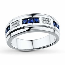 Men&#39;s Ring 2Ct Princess Simulated Blue Sapphire 14k White Gold Plated Silver - £94.95 GBP