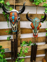 Set Of 2 Southwest Boho Chic Turquoise Ember Floral Scroll Cow Skull Wind Chimes - £58.04 GBP
