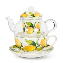 Lemon Tea for One Teapot 5 Piece Set Tree 12 oz Bone China Glass Yellow White image 1