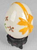 Vintage 1991 Ceramic Hand Painted Egg Flowers and Yello Bow WITH  wood s... - £7.85 GBP