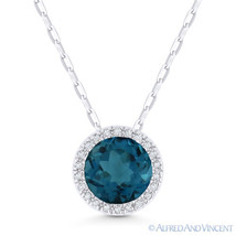 1.72ct London-Blue Topaz &amp; Diamond Halo 14k White Gold Pendant &amp; Chain Necklace - £298.67 GBP