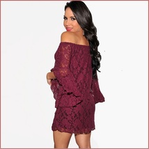 Casual Summer Long Flare Sleeve Off Shoulder Lace Mini Beach Dress in 4 Colors image 4