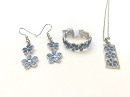 Mele Sterling Silver Created Blue Opal 3 Plumeria Pendant - Ring 8 - Ear... - $19.98
