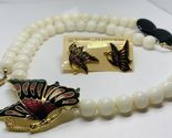 Vintage Cloisonne Butterfly Round Gold Tone white &amp; black onyx necklace ... - $90.56