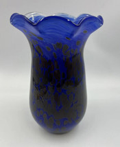 Handblown Art Glass Vase Blue Signed Ruffled - £27.17 GBP