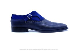  Handmade Blue Suede Monk Strap Dress Shoes, Genuine Leather Formal Shoes - £136.68 GBP