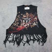 Tap Out Shirt Womens L Black Sleeveless Round Neck Fringe Hem Logo Print Top - £23.45 GBP