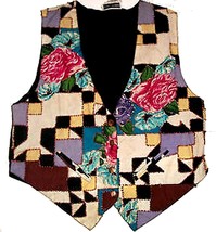 Sz M - Fashion Passport 100% Cotton Patchwork &amp; Roses Floral Beaded Vest - $22.49