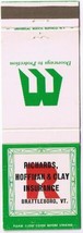 Matchbook Cover Richards Hoffman &amp; Clay Insurance Brattleboro Vermont - $1.39