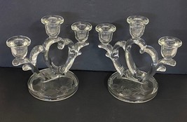 2 Crystal Etched Glass Art Deco Clear Depression Candelabra Candlestick Holders - £160.38 GBP