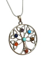 Tree of Life Pendant Necklace 7 Chakra Gemstone Plated 22&quot; Snake Chain &amp; Boxed - £13.03 GBP