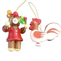 Rooster Bear with Holly Ornaments Wood Made in Taiwan 3&quot; 2.5&quot; Lot of 2 VTG - £3.13 GBP