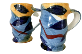 Studio Pottery Handmade Redware Mugs Set of 2 Blue &amp; Multi Footed 5&quot;H 11 oz. EUC - £21.32 GBP