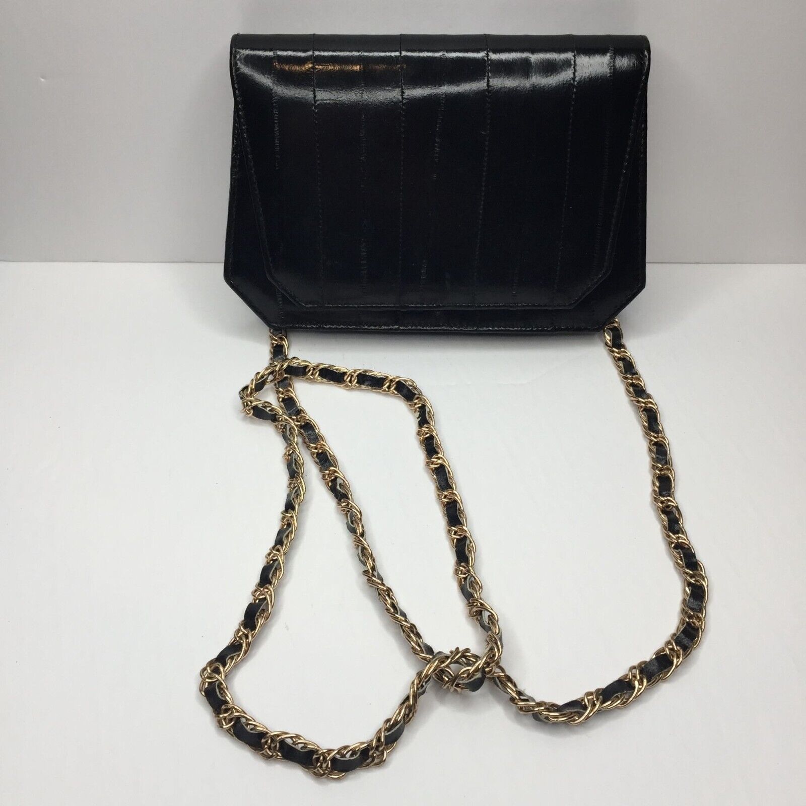 Primary image for Vintage Genuine Eel Skin Leather Black Evening Purse Handbag Mirror Chain Strap