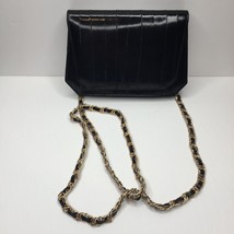 Vintage Genuine Eel Skin Leather Black Evening Purse Handbag Mirror Chain Strap - £39.61 GBP
