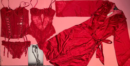 Victoria&#39;s Secret S GARTER CORSET SET+crotchless panty+TEDDY+ROBE RED la... - £209.75 GBP