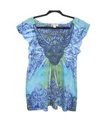 Unity World Wear Womens Large Tunic Top Sleeve Floral Pleated V Neck Blu... - $13.15 CAD