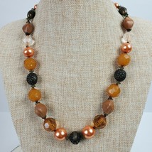 Vintage BOHO Earthy STATEMENT Necklace Orange Gold Beads 22&quot; Long - £14.05 GBP