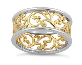 14K Yellow Gold &amp; Silver Ring Vine Leaf Band Hallmarked Size 4 - £8.36 GBP