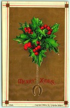 Merry Christmas Holly Bunch Horseshoe Gilt Embossed 1908 DB Postcard H4 - £5.40 GBP