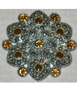 Vintage BROOCH PIN Amber Stones on Silvertone Filigree Metal - £11.04 GBP