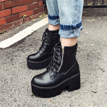 Autumn Ankle Boots For Women Motorcycle Boots Chunky Heels Casual Lacing Round T - £57.59 GBP