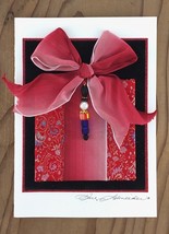 Big Red Floral Print Fabric Package with Toy Soldier Bead Greeting Card - $14.00