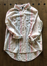 NWT $89 Ellen Tracy Linen Boho Top Tunic Shirt button Long Roll Up Sl Sm Striped - £22.42 GBP