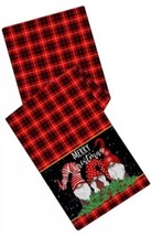 Merry Christmas Gnomes Table Runner 13&quot;x108&quot; Red Black Check Buffalo Plaid Hats - £10.09 GBP