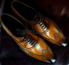 Handmade Men&#39;s Leather New Tan color wing tip brogue formal Oxfords shoes-502 - £188.85 GBP